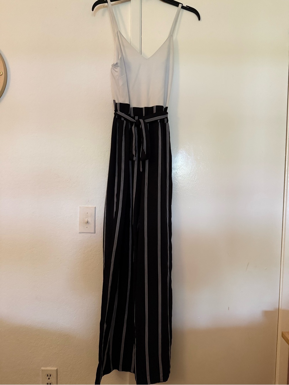 Charlotte Russe Black & White Striped Wide-Leg Jumpsuit with Tie Waist